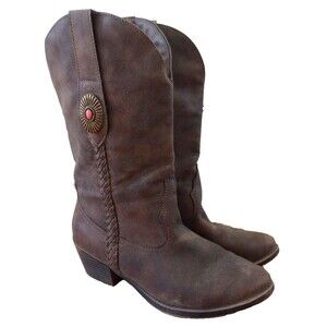 Womens Cowboy Boots Size 9.5 Brown Faux Leather Rampage Malissa Braided Cowgirl